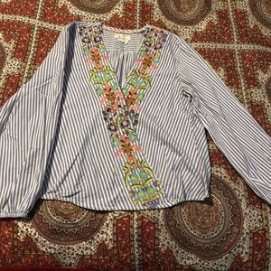 Anthropologie Blue & White Striped Embroidered Wrap-Style Blouse